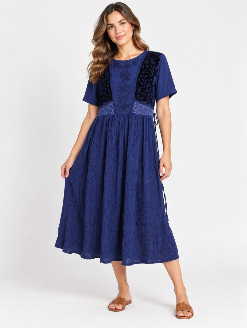 Jeune Jeunesse Blue Embroidered Rayon Midi Dress XL Boho Velvet Crochet Festival